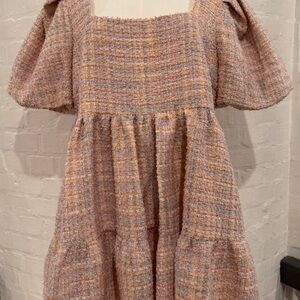 Hyacinth House by Tuckernuck Pink Tweed Nora Mini Dress SZ XL Tiered Milkmaid